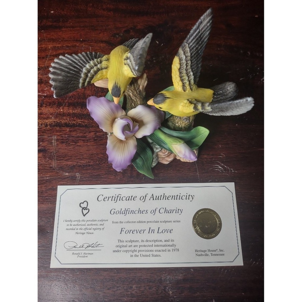 Heritage House Goldfinches of Charity Figurine Forever in Love COA 6" Porcelain